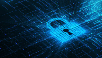 Glowing blue lock graphic with glowing circuit-like effects surrounding it.